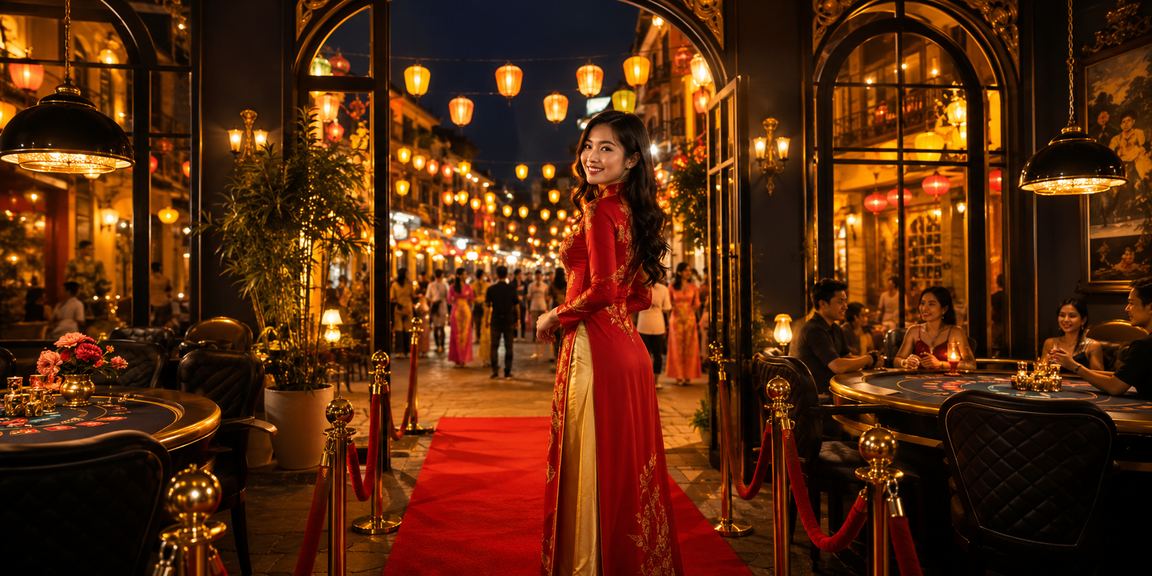 Người phụ nữ mặc áo dài tham gia trò chơi bài tại Hội An – trải nghiệm casino trực tuyến trên ff88