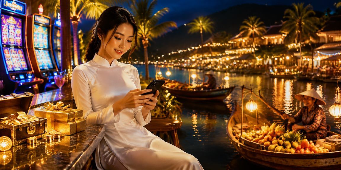 Người dùng Phú Quốc mặc áo dài tham gia trò chơi slot trên ff88 – biểu tượng giải trí casino Việt Nam